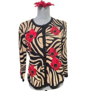 THE COLLECTIVE WORKS OF BEREK L Button Cardigan Brown Zebra Print Flower Sweater